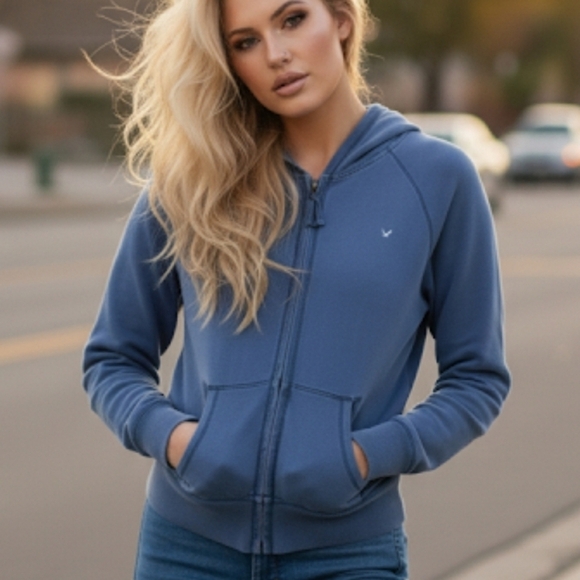 Y2K American Eagle Outfitters Hoodie XL 97% Cotton Blue Full Zip Pockets - Picture 1 of 11